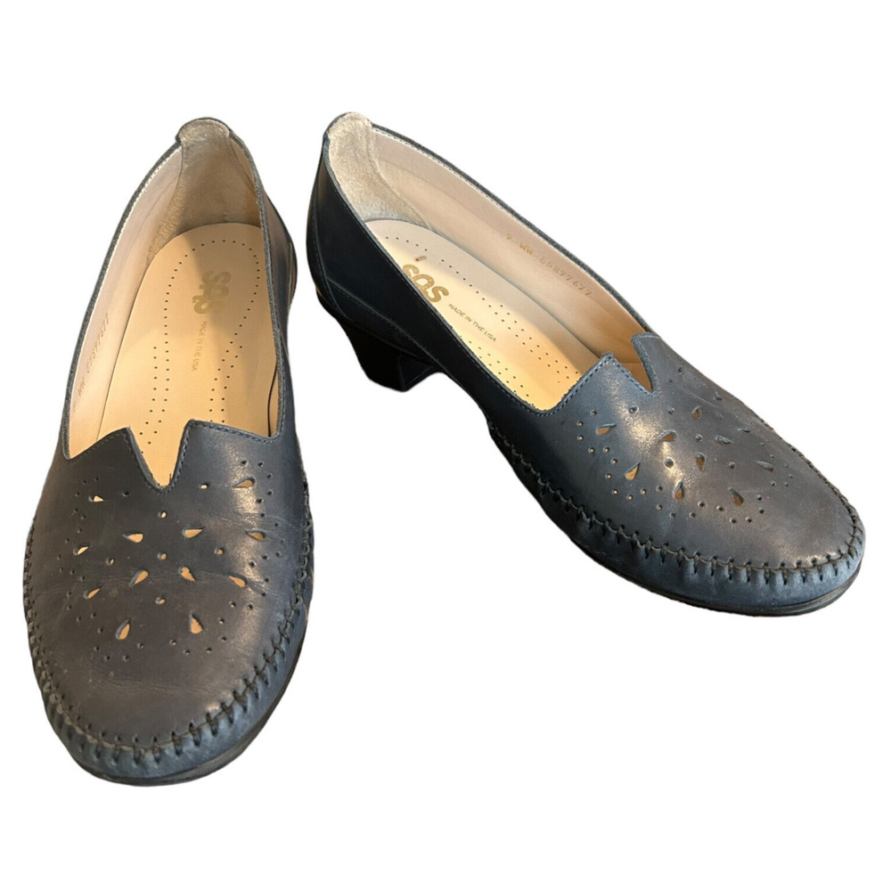 SAS Womens SONYO Shoes 9WW Blue Leather V Cut Comfort Kitten Heel Closed Toe